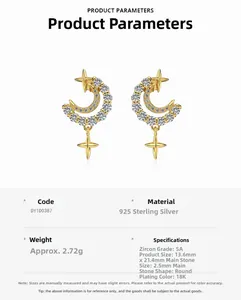 Détail de boucles d'oreilles lune et étoile en argent S925 avec zircons cubiques 5A
