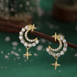 Macro des boucles d'oreilles lune et étoile en argent S925 avec zircons pavés