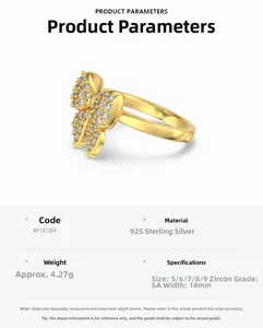 Detailed specs of the 14mm S925 silver butterfly ring featuring premium 5A zircon stones
