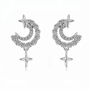 Boucles d'Oreilles Clous en Argent Sterling 925 Lune Étoile Zirconia Incrusté Luxe Léger Bijoux Célestes pour Femme