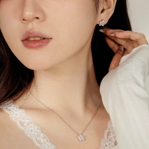 Vue détaillée de l'ensemble collier à fleurs et boucles d'oreilles en argent S925 et zircon