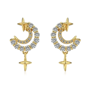 Boucles d'oreilles lune et étoile en argent S925 doré avec zircons scintillants