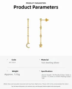 Détails des boucles d'oreilles étoile et lune en argent 925 avec plaquage or 18K