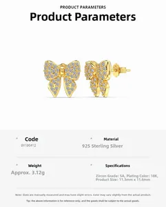 Detail of S925 silver butterfly earrings with 5A zircon and 18K gold plating