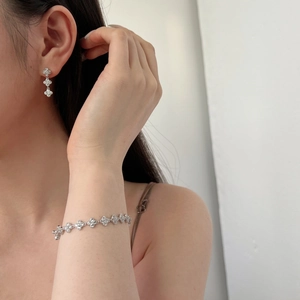 Close-up of sparkling S925 silver four-leaf clover jewelry set with zircon on model