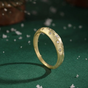 Macro detail of S925 silver ring featuring brushed gold finish and star zircon inlay