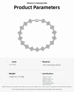 Detail view of S925 sterling silver four-leaf clover bracelet with 5A cubic zirconia stones