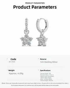 Tableau détaillé des tailles pour boucles d'oreilles étoile en argent 925 et zircone