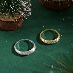 Detail of star-shaped zircon inlays on frosted silver and gold S925 rings set