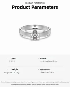 Detail view of pear-cut zircon S925 sterling silver ring with brushed metal specs