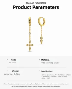 Détails des boucles d'oreilles croix en argent S925, zircon 5A et plaqué or 18K