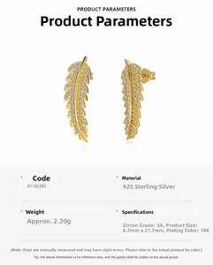 Detailed specs of s925 silver leaf earrings with 5A zircon and 18K gold plating