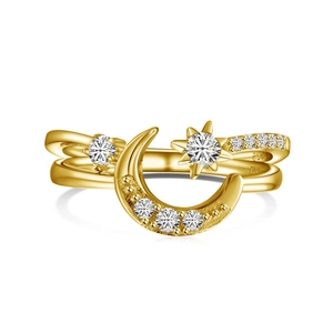 S925 Sterlingsilber vergoldeter Ring mit Zirkonia Mond und Stern im Lagenlook-Design