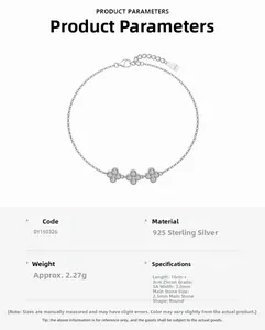Macro detail of S925 sterling silver clover bracelet with 5A zircon and size specs