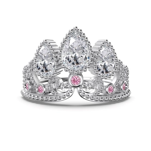 Luxurious S925 silver crown ring with pear-shaped white stones and pink zircon accents