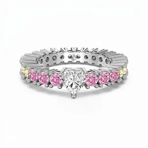 925 Sterling Silver Heart Rainbow Zirconia Ring Dopamine Color Sweet Adjustable Finger Ring Fine Jewelry Gift For Women
