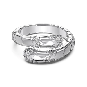 S925 Sterling Silver Serpent Ring with Polished Metal Scales and Inlaid Gemstones