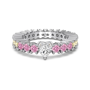 S925 sterling silver ring featuring a large heart crystal and colorful rainbow gemstones