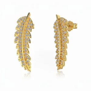 French Style 925 Sterling Silver Feather Leaf Stud Earrings For Women Shiny Zirconia Inlaid Electroplated Elegant Jewelry Gift