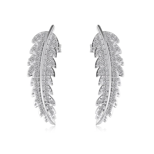 Elegant S925 sterling silver leaf stud earrings with pavé cubic zirconia inlay