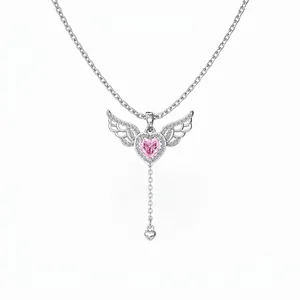 925 Sterling Silver Necklace For Women Pink Heart Angel Wings Pendant Zirconia Tassel Clavicle Chain Elegant Fashion Jewelry Gift
