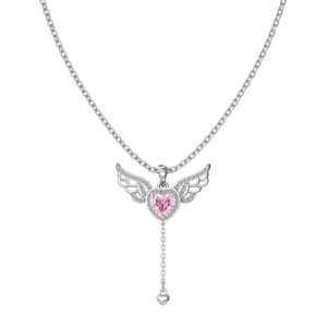 Elegant S925 sterling silver necklace with pink heart gem and angel wings pendant