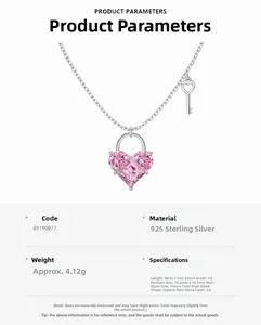 Detail of S925 sterling silver heart lock necklace with 2.0ct pink zircon and key charm