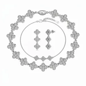 925 Sterling Silver Clover Jewelry Set Zirconia Inlaid Bracelet Earring Studs For Women Light Luxury Fashion Accessory