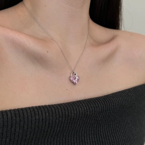 S925 sterling silver necklace featuring a heart-shaped pink zircon pendant for women