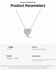 Specifications chart for S925 sterling silver heart necklace with 5A cubic zirconia stones