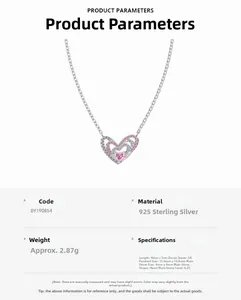 Détail du collier coeur en argent S925 avec zircon rose pavé et dimensions du produit