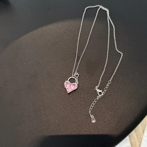 S925 sterling silver necklace with pink heart gemstone and silver key pendant design