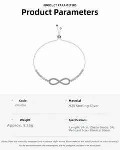 Detail showing 925 sterling silver infinity bracelet dimensions and 5.75g weight info