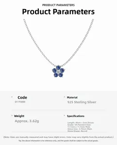 Détail du collier en argent S925 avec fleur en zircon bleu et dimensions du pendentif