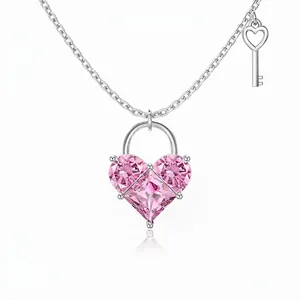 925 Sterling Silver Heart Lock And Key Necklace For Women Pink Zirconia Pendant Clavicle Chain Romantic Jewelry Gift