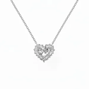 925 Sterling Silver Heart Pendant Necklace For Women Baguette Cut Zirconia Pavé Set Adjustable Clavicle Chain Fashion Jewelry