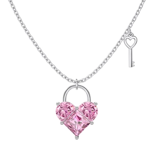 S925 sterling silver heart lock and key pendant necklace with pink crystal stones