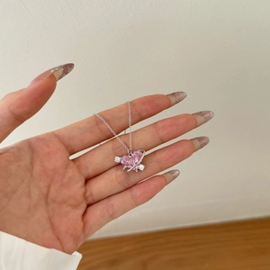 Collana in argento sterling S925 con ciondolo a pianeta cuore rosa e pietre di zircone