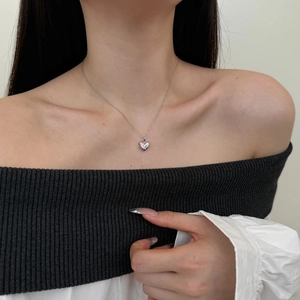 S925 Sterling Silver Heart Pendant Necklace with Sparkling Center Stone on a Water Wave Chain