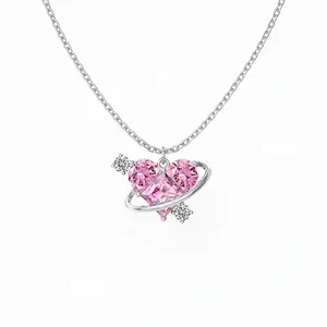 Collana Con Pendente a Cuore Rosa in Argento Sterling 925 Per Donna Zirconia Saturn Orb Girocollo Gioielli Moda Retrò