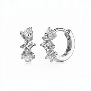 925 Sterling Silver Huggie Hoop Earrings For Women Inlaid Zirconia Heart Square Round Geometric Minimalist Jewelry Gift