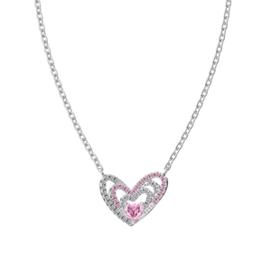 Collier élégant en argent 925 avec pendentif double cœur et oxyde de zirconium rose