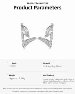 Vue macro des boucles d'oreilles en argent 925 avec zircons 5A taille marquise