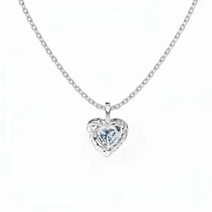 925 Sterling Silver Heart Pendant Necklace Melted Lava Style Blue Pink Rhinestone Inlaid Box Chain Women Fashion Jewelry