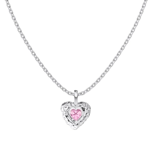 Elegant S925 silver necklace with a pink heart gemstone and hammered texture pendant