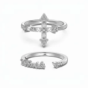 Elegante Anello a Croce in Argento Sterling S925 per Donna con Strass Pave Scintillante Anello Aperto Regolabile Gioielli Regalo