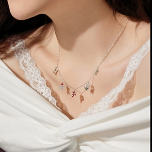 S925 sterling silver Christmas HAPPY necklace with holiday charms and letter shadows