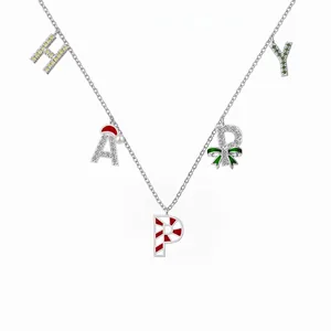 925 Sterling Silver HAPPY Letter Pendant Necklace For Women Christmas Gift Zirconia Artificial Pearl Candy Cane Jewelry