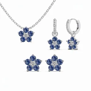 Parure de Bijoux en Argent Sterling 925 Fleur de Prunier pour Femmes Incrustation de Zirconia Collier Boucles d'oreilles Clous Anneaux