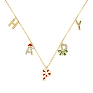 Festive gold S925 sterling silver HAPPY necklace with colorful Christmas charms